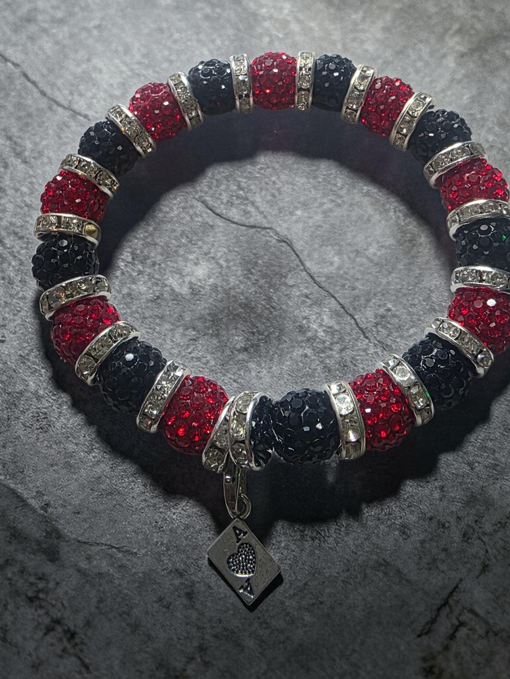 Red & Black Crystal Bead Stretch Bracelet with Ace Charm